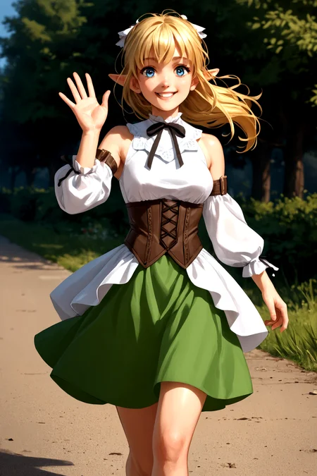 score_9, score_8_up, score_7_up, score_6_up, score_5_up, score_4_up, (high quality, detailed, beautiful)  lyrule, std_outfit, black_ribbon, corset, bare_shoulders, dress,  <lora:LyrulePonyTagBetterV3-000007:0.99> cowboy_shot, smile,  waving,  jogging, looking_at_viewer, detached_sleeves