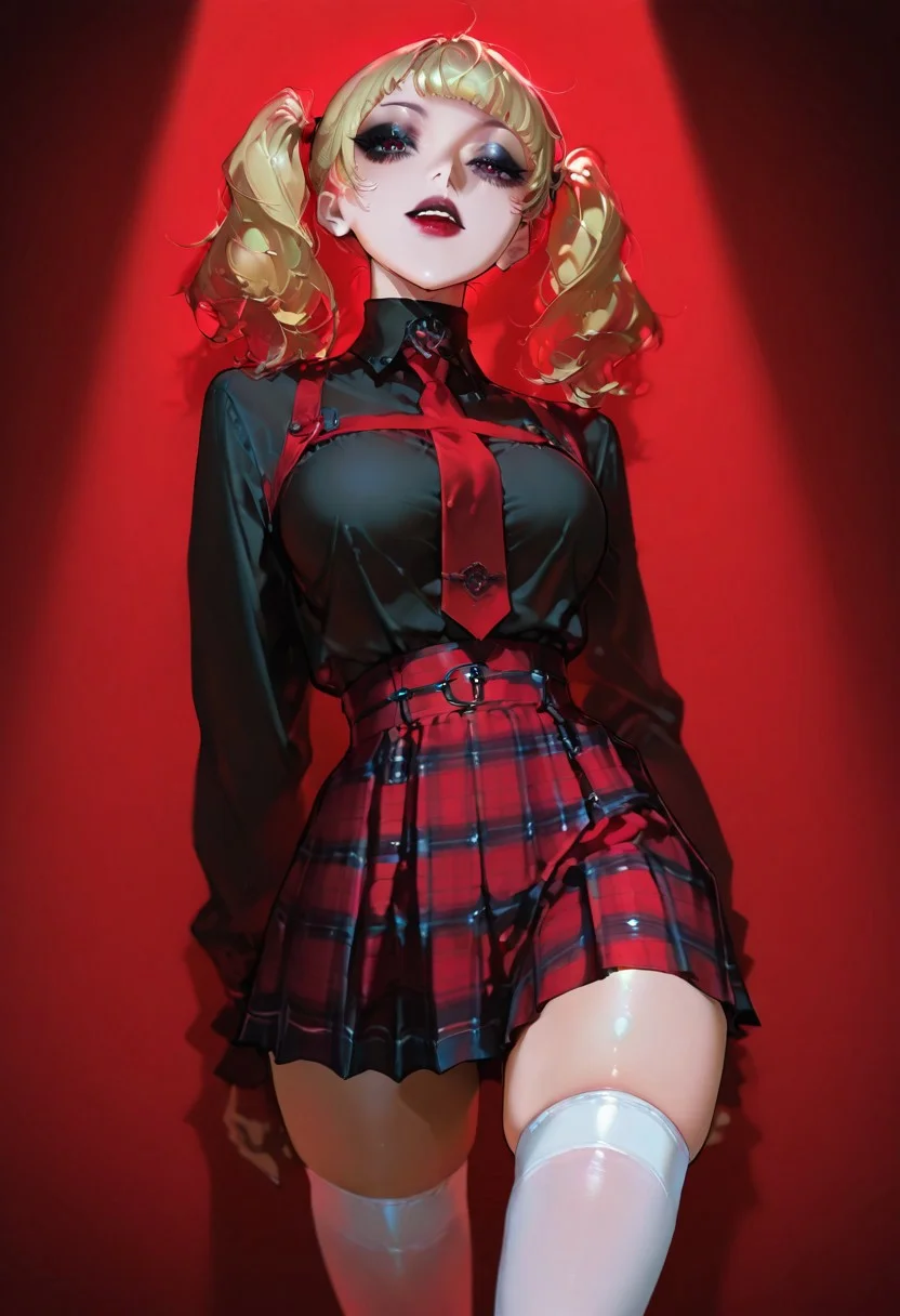 masterpiece, best quality, amazing quality, very aesthetic,absurdres, newest, high resolution,(volumetric lighting), Jeanette, 1girl, twin tails, black eyeshadow, black and red lipstick, blonde, plaid skirt, white thigh highs, artist:moriimee, yoneyama_mai,