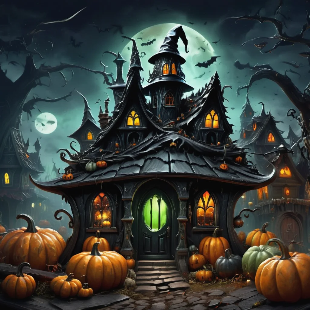 ((realistic,digital art)), (hyper detailed),h4l0w3n5l0w5tyl3DonMD4rk Wicked Village, Witching Hour, Witch Hats, Spellbook, Coffin Lights, Pumpkin Carving Art, <lora:h4l0w3n5l0w5tyl3DonMD4rk-XLv1.1:1>