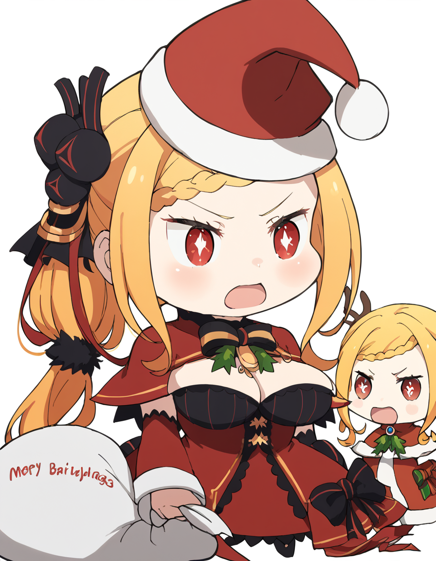 score_9, score_8_up, score_7_up, source_anime, <lora:priscilla-barielle-s3-p1-ponyxl-lora-nochekaiser:1>, priscilla barielle, long hair, blonde hair, red eyes, braid, single braid, braided bangs, one side up, large breasts, bright pupils, white pupils, <lora:padoru-ponyxl-lora-nochekaiser:1>, padoru, padoru (meme), holding sack, sack, santa hat, meme, christmas, open mouth, chibi, red capelet, santa dress, capelet, fur-trimmed headwear,, ,