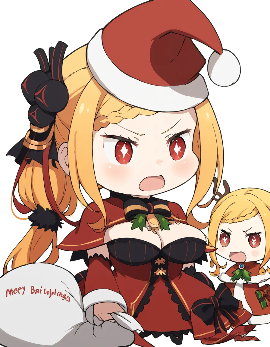 score_9, score_8_up, score_7_up, source_anime, <lora:priscilla-barielle-s3-p1-ponyxl-lora-nochekaiser:1>, priscilla barielle, long hair, blonde hair, red eyes, braid, single braid, braided bangs, one side up, large breasts, bright pupils, white pupils, <lora:padoru-ponyxl-lora-nochekaiser:1>, padoru, padoru (meme), holding sack, sack, santa hat, meme, christmas, open mouth, chibi, red capelet, santa dress, capelet, fur-trimmed headwear,, ,