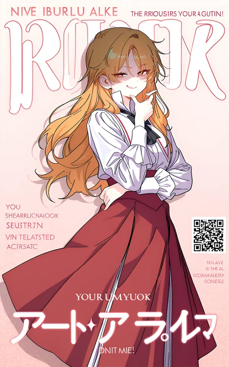 (masterpiece), (best quality), (ultra-detailed), (best illustration), (best shadow), (absurdres), (very aesthetic), 1girl, solo, <lora:Shuraina_West:1>, shushu, mahogany eyes, amber hair, long hair, upper body shot, magazine cover, gradient background, english text, qr code, white shirt, frills, ascot, long skirt, burdeaux skirt, smug, looking at viewer, thinking gesture