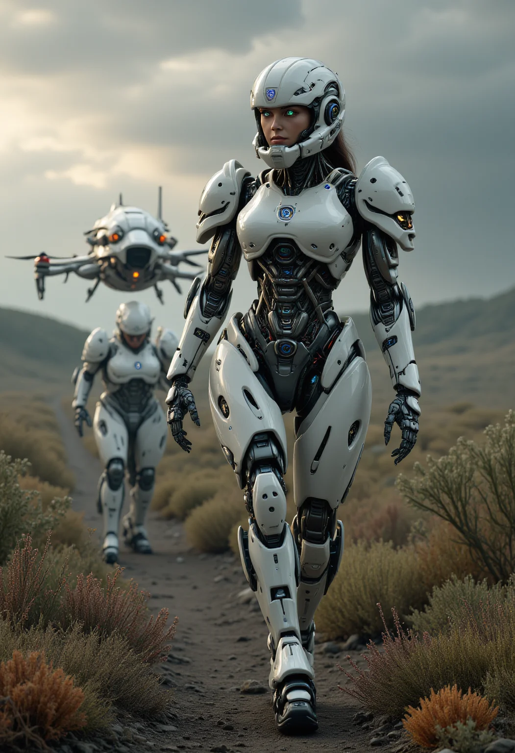 realistic scenery, ultra high quality, very detailed, a gorgeous heavily armored female space marine walks around and observs the area, natural eye color, a drone supports the squad, hostile foreign planet, gloomy clouds, sunrays, strange foreign flora, cowboy shot, Robo, <lora:FluxRoboStyle>