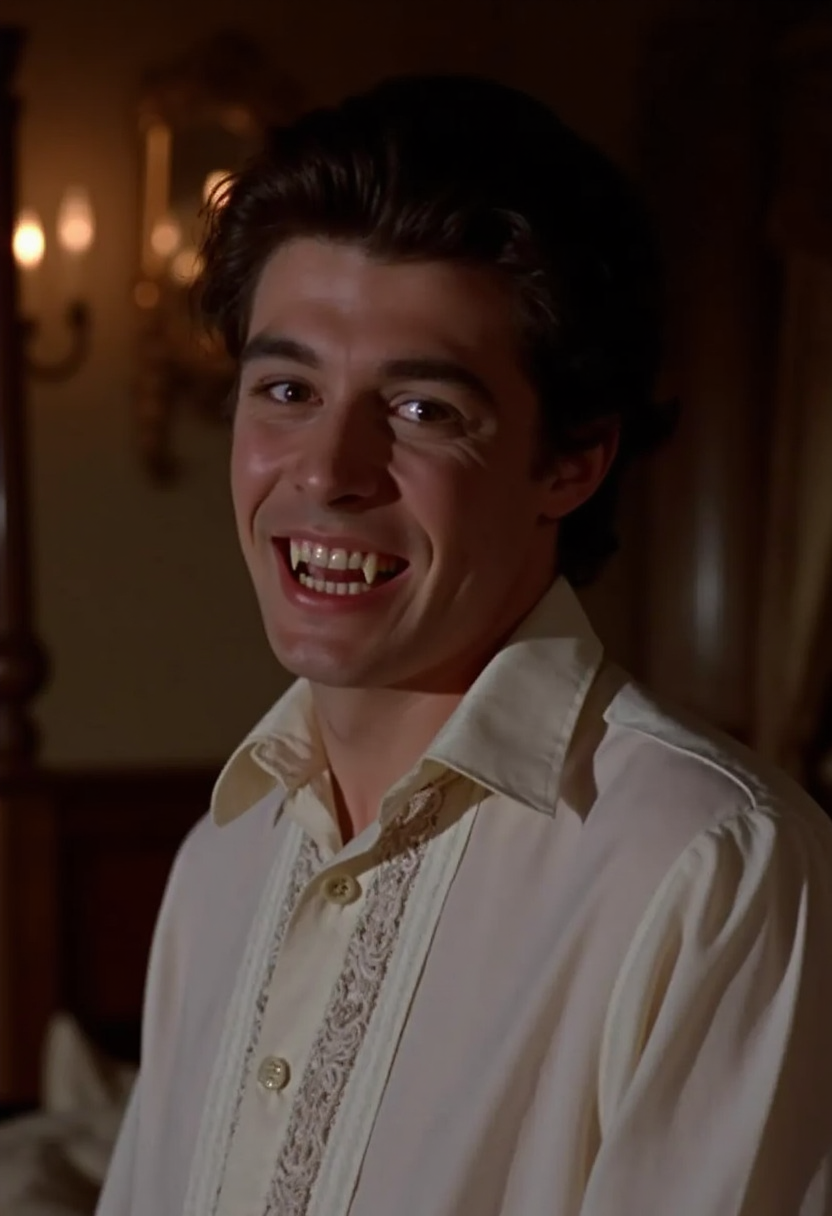 close-up face shot of a young vampire man standing in a victorian bedroom, head tilted to side, wearing a victorian white night shirt, pale skin, smiling showing fangs. Soft warm light at night  <lora:hammer-000073:1>