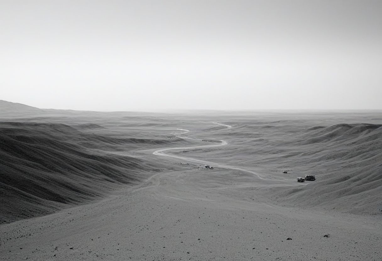 landscape, (black and white, b&w, chrome, monochrome, greyscale, grain), science fiction