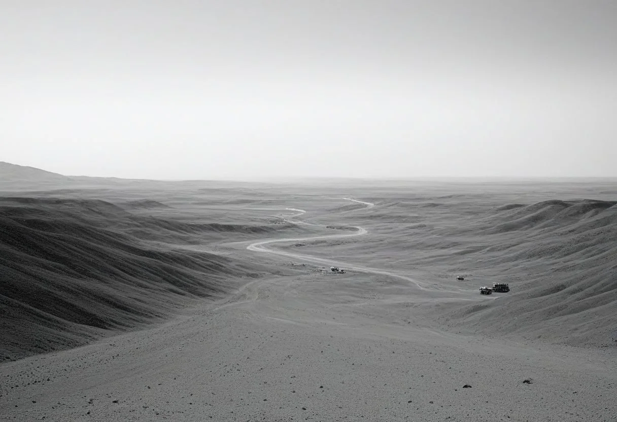 landscape, (black and white, b&w, chrome, monochrome, greyscale, grain), science fiction