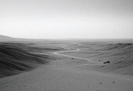 landscape, (black and white, b&w, chrome, monochrome, greyscale, grain), science fiction