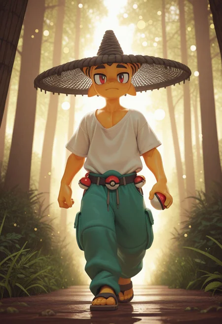 masterpiece, best quality, absurdres, highres, high quality, highly detailed, official art, gloss_(hotglossed), Hoovesart, pixelsketcher, 3d, stylized realism, (bokeh:1.1), no lineart, dense alpine forest,
1male, solo, detailed face, net hat, loose shirt, baggy lounging pants, sandals, pokeballs attached to belt, holding pokeball, walking towards viewer, soft lighting on male, rim lighting, wide hat