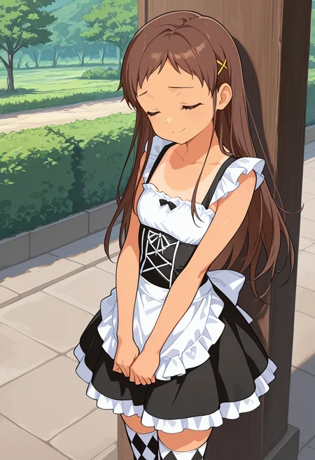 masterpiece,high quality details,
outdoors,
<lora:Sayama_Chie:0.8> chie_cnr, 1girl, brown hair, long hair,yellow eyes, tan, tanlines, hairclip,, closed eyes,sad smile,, maid apron,bustier,pants,,argyle legwear thighhighs,