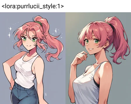 score_9, score_8_up, score_7_up, score_6_up, score_5_up, score_4_up, BREAK source_anime,
1girl, medium breasts, pink hair, medium hair, ponytail, green eyes, smile, tank top, cowboy shot
<lora:purrlucii_style:1>