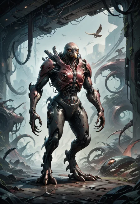 score_9, score_8_up, score_7_up, score_6_up, score_5_up, biomechanical, fleshmutant, anthro, full body, standing, digitigrade, bird, beak, talons, science fiction, mechanical parts