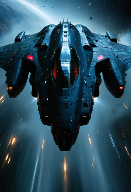 silhouette art, chiascuro, cyberpunk, an armored futuristic spaceship, adorned with intricate, metallic details, with glowing red diodes and LEDs, illuminated cockpit, flying rapidly through a dark, space background with motion blur, viewed diagonally from the front, directional lighting, silhouetted, light hitting one side, inkwash image