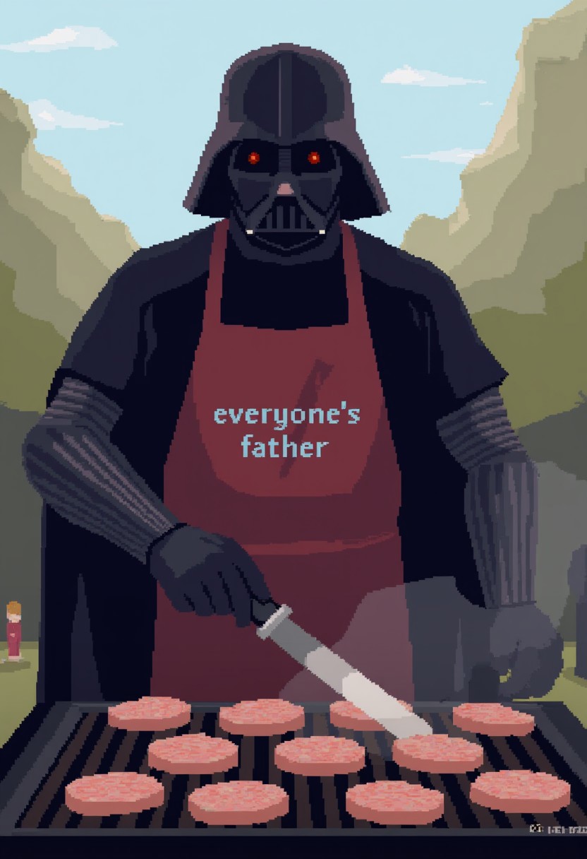 ootwstyle, Darth Vader cooking hamburgers on a barbecue outside. He is wearing an apron that says "everyone's father"