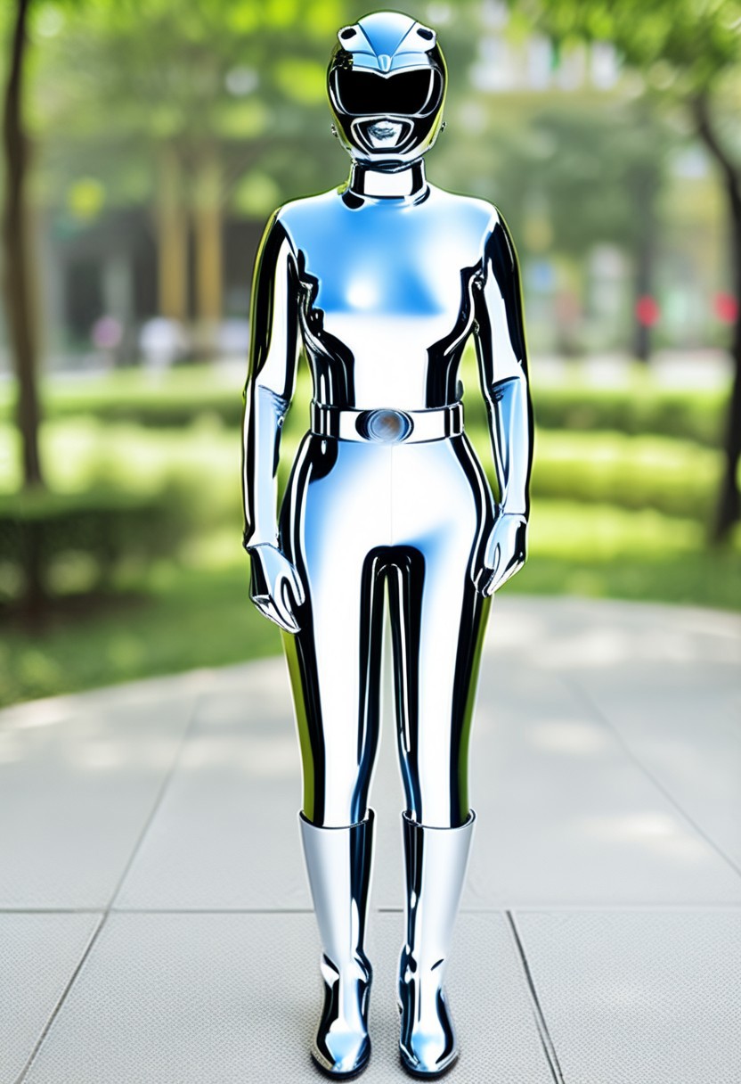 chrome statue of bald female yellow-power-ranger, alone, morphed, chrome helmet, chrome catsuit, chrome turtleneck collar, chrome gloves belt boots holster, entirely made of chrome, standing square-on, in urban park, arms slightly-outstretched, full body photo, hyperdetailed photography