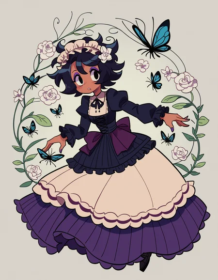 zPDXL, score_9, score_8_up, score_7_up, source_anime, 1girl, solo, absurdres, 4k, <lora:anapijama:0.8> anapijama
short hair, black eyes, messy hair, purple eyeshadow, tan, bug, beetle, black hair,
lower eyelashes, upper eyelashes, eyeliner, Gothic Frilled dress, long skirt, Headdress, bowknot, hair ornament, off-white flower, black fishnet_pantyhose, garter straps, Lace, cross-laced footwear, frilled blouse, ribbon-trimmed sleeves, puffy sleeves, , Panniers, tulle +++ Vampirefs Secret Gathering Place