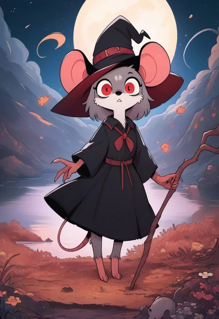 score_9, score_8_up, score_8, solo, (fluffy:0.8), (feral), furry, (((mouse))), female, (fluffy cheeks:0.7), (black dress), witch hat, staff, red eyes, grey fur, black ears, cute, (solo:2), cartoon, lake, look at sky, confused expression, night, moon, night sky, casting spell, 3ldritchW0rld, watercolor_effect, (solo:2)