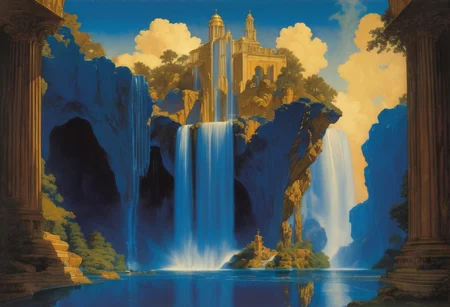 award winning painting of a floating castle in the air, a waterfall flows from the castle to the ground, epic composition, detailed, parts made of deep blue crystal, intricate, Maxfield Parrish Style page