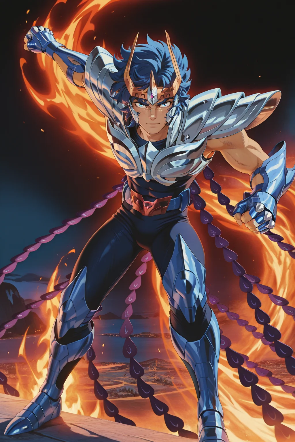 masterpiece, best quality, amazing quality, IKKIV2IL, 1boy, male focus, circlet, blue hair, wavy hair, blue eyes, scar on face, toned male, silver breastplate, silver pauldrons,  fingerless gloves, blue vambraces, sleeveless, belt, belt buckle, dark blue bodysuit, purple tail feathers, purple phoenix tail feathers, blue greaves, full body, looking at viewer,  action pose, dash slide, winged armguard, island background, action pose, fire, midair, jumping, raising arms, night, dark background, clenched hands
