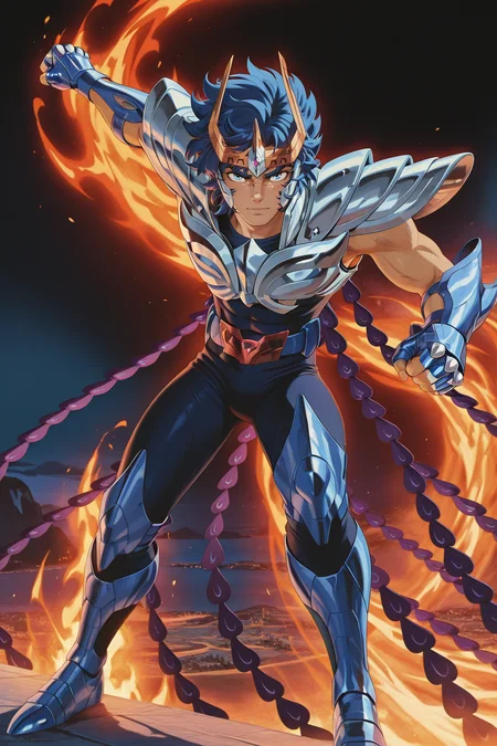 masterpiece, best quality, amazing quality, IKKIV2IL, 1boy, male focus, circlet, blue hair, wavy hair, blue eyes, scar on face, toned male, silver breastplate, silver pauldrons,  fingerless gloves, blue vambraces, sleeveless, belt, belt buckle, dark blue bodysuit, purple tail feathers, purple phoenix tail feathers, blue greaves, full body, looking at viewer,  action pose, dash slide, winged armguard, island background, action pose, fire, midair, jumping, raising arms, night, dark background, clenched hands