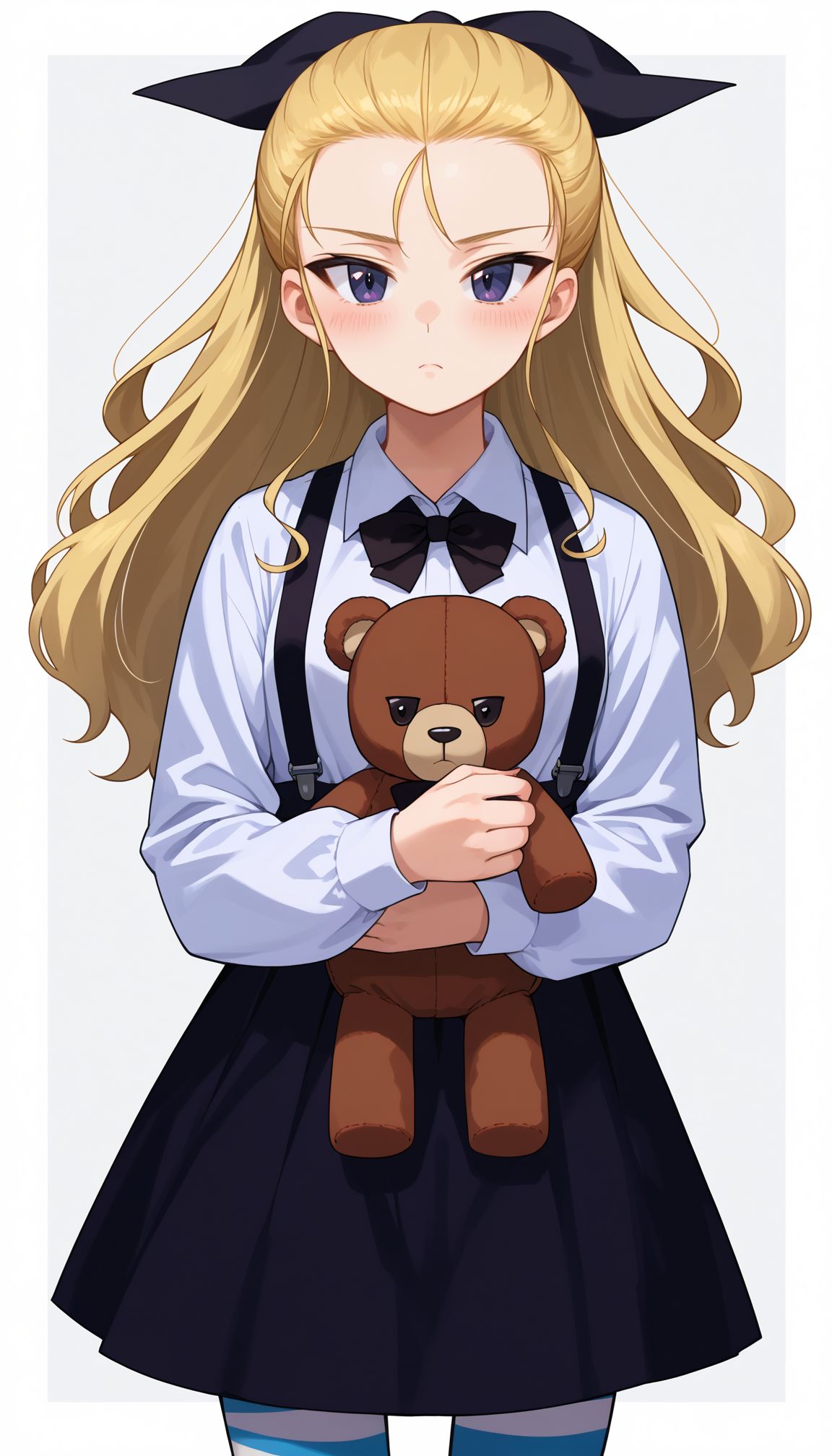 score_9, score_8_up, score_7_up, source_anime, ,
1girl, long hair,, hair pulled back, blonde hair, hair ribbon, blue eyes, black ribbon <lora:Gup Assam 3:1>, 1girl, boko (girls und panzer), striped pantyhose, cosplay, striped clothes, long hair, black bowtie, white shirt, holding stuffed toy, assam (girls und panzer), stuffed animal, black bow, hair ribbon, teddy bear, high-waist skirt, hair pulled back, black ribbon, blonde hair, suspender skirt, long sleeves, standing, closed mouth, layered skirt, white background, casual, bandages, suspenders, blue eyes, black pantyhose, black skirt, collared shirt, simple background, shimada arisu, looking at viewer, cowboy shot, light frown, black dress, blush, medium skirt