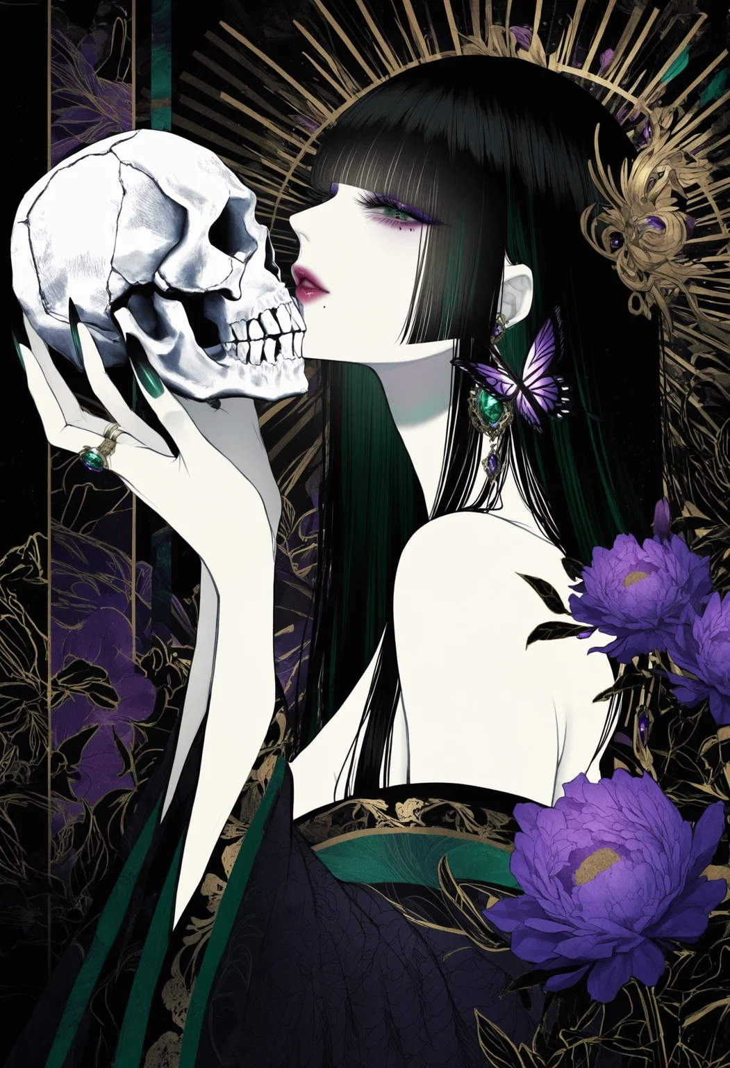 1girl, skull, butterfly, bug, holding skull, flower, jewelry, black hair, makeup, blunt bangs, solo, purple flower, eyeshadow, parted lips, hime cut, ring, mole, mole under mouth, lipstick, nail polish, hair ornament, upper body, earrings, long hair, bare shoulders, holding, from side, profile, pale skin, purple eyeshadow, off shoulder, eyelashes, purple gemstone, purple butterfly, blunt ends, hands up, japanese clothes, gem, peony \(flower\), lips, kimono, black nails, green eyes, green nails, fingernails, BREAK,highres,absurdres,masterpiece,newest,best quality,Visual impact,very awa,very aesthetic,amazing quality