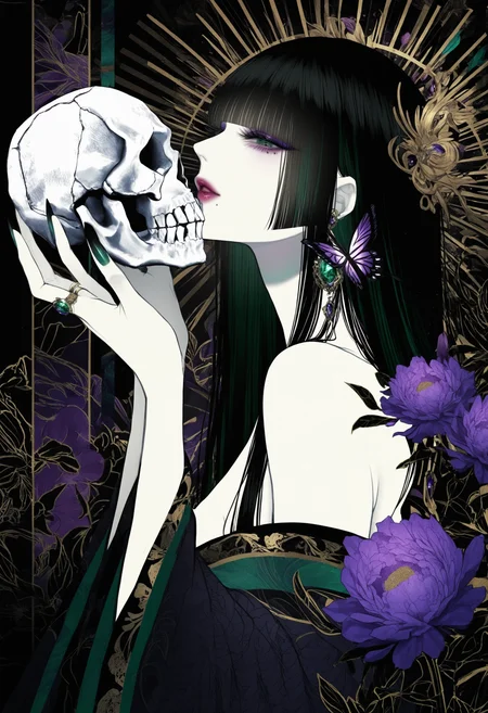 1girl, skull, butterfly, bug, holding skull, flower, jewelry, black hair, makeup, blunt bangs, solo, purple flower, eyeshadow, parted lips, hime cut, ring, mole, mole under mouth, lipstick, nail polish, hair ornament, upper body, earrings, long hair, bare shoulders, holding, from side, profile, pale skin, purple eyeshadow, off shoulder, eyelashes, purple gemstone, purple butterfly, blunt ends, hands up, japanese clothes, gem, peony \(flower\), lips, kimono, black nails, green eyes, green nails, fingernails, BREAK,highres,absurdres,masterpiece,newest,best quality,Visual impact,very awa,very aesthetic,amazing quality