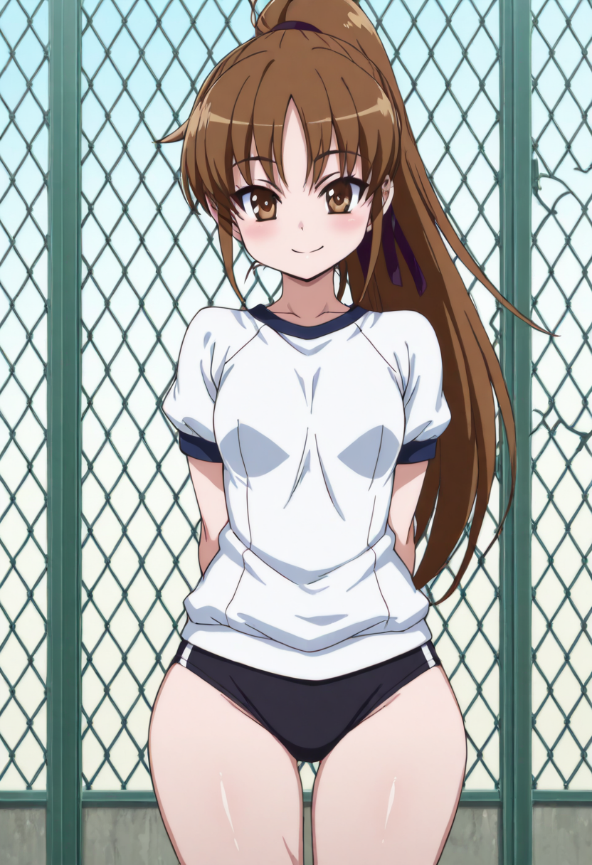 masterpiece, best quality, smile, looking at viewer, wide hips,    aki sora, anime screenshot,   1girl, solo, long hair, smile, brown hair, brown eyes, ponytail, arms behind back, gym uniform, buruma, fence, chain-link fence, black buruma  ,anime screenshot,  ,    <lora:AkiSoraYumenoNaka_IXL:1.0>,  <lora:CitronKuroStyle_IXL:1.0>,
