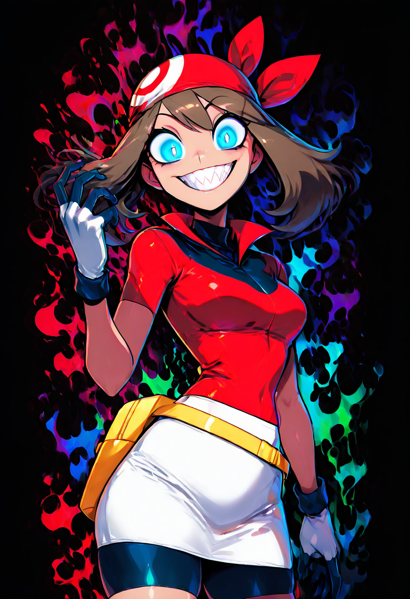 (masterpiece, best quality, good quality, very aesthetic, absurdres, newest:1.2), (curvy, medium breasts),  zzMay, solo, brown hair, blue eyes, medium hair,  red shirt, bike shorts, red bandana, red shirt, gloves, white miniskirt, yellow belt,  <lora:MayPokemon_NAI:1.0>,, smile, looking at viewer,  (upper body), multicolored hair, grin, sharp teeth, abstrack colors, (glowing), black background,  ,<lora:GlowingNightmare_NAI:1.0>,