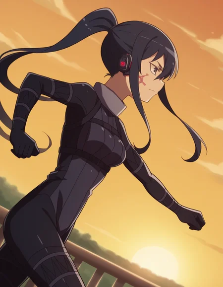 score_9, score_8_up, score_7_up, source_anime, <lora:pitohui-s1-ponyxl-lora-nochekaiser:1>, pitohui, long hair, black hair, ponytail, facial mark, sidelocks, medium breasts,, bodysuit, black bodysuit, long sleeves, belt, , suburban neighborhood, morning jog, earphones, running shoes, fresh air, sunrise, , , from side, solo,, cowboy shot, dutch angle,
