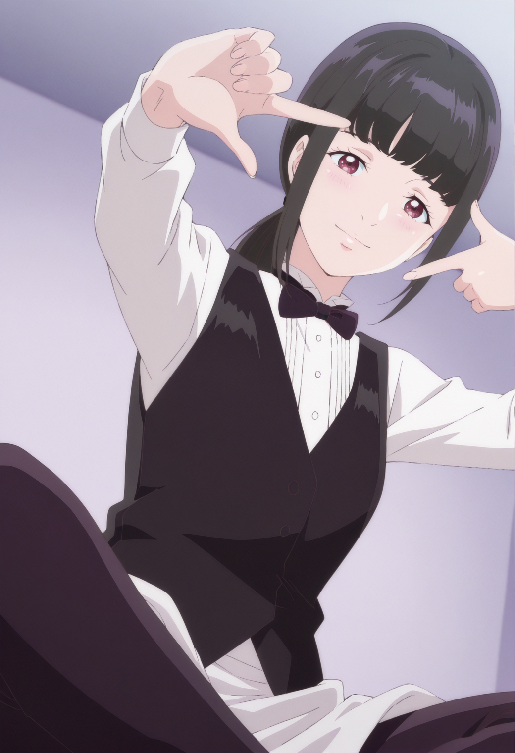 anime screencap, anime coloring, 1girl,  solo,   <lora:DX888AoiIL:1>kamimachi aoi, red eyes,  black hair, low ponytail, blunt bangs, bowtie, white shirt, black vest, waist apron, pants  BREAK grey background, heaven condition, BREAK dutch angle,  from below, dynamic pose, posing,  smile,   finger frame, sitting, indian style,