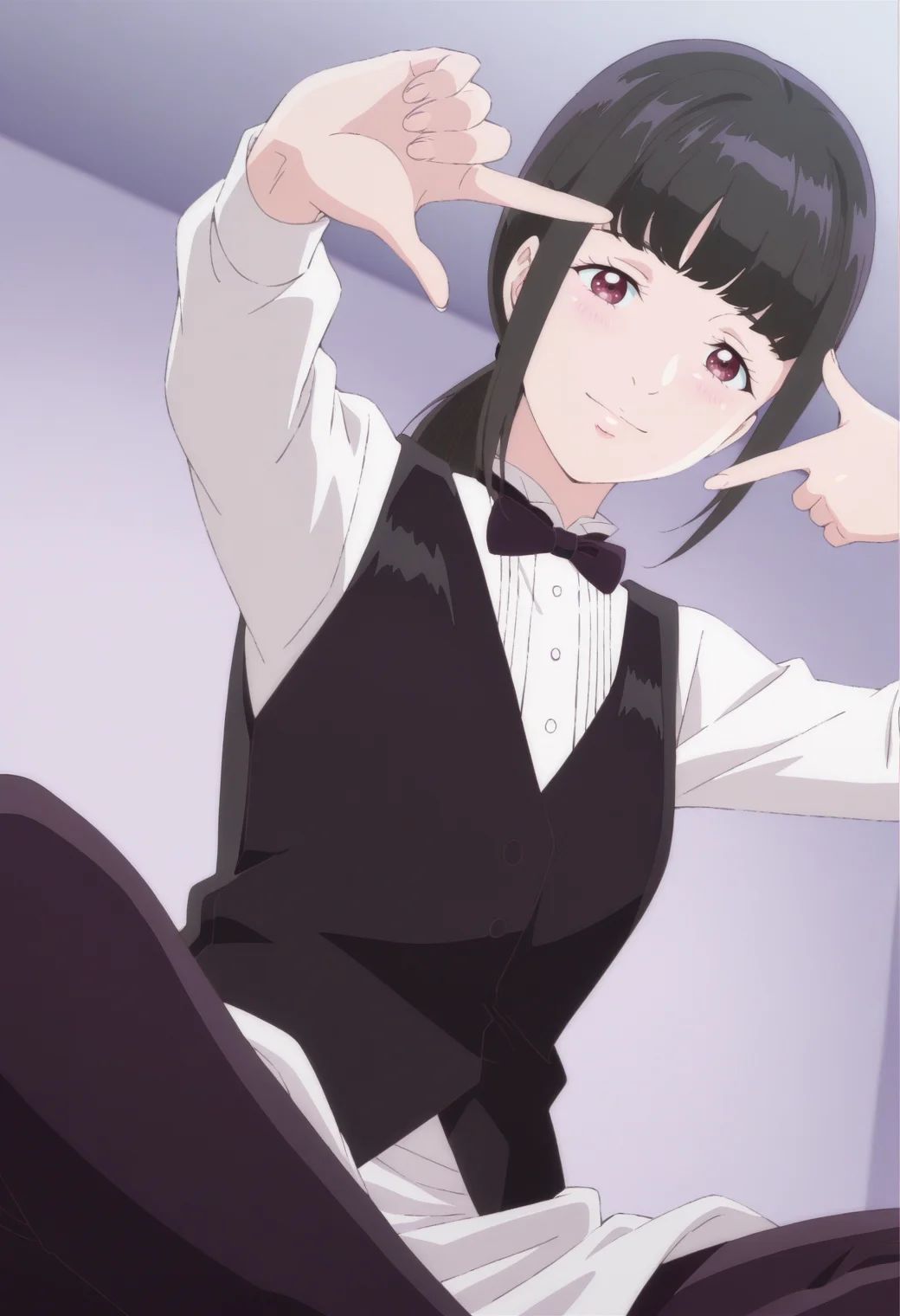 anime screencap, anime coloring, 1girl,  solo,   <lora:DX888AoiIL:1>kamimachi aoi, red eyes,  black hair, low ponytail, blunt bangs, bowtie, white shirt, black vest, waist apron, pants  BREAK grey background, heaven condition, BREAK dutch angle,  from below, dynamic pose, posing,  smile,   finger frame, sitting, indian style,