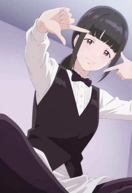 anime screencap, anime coloring, 1girl,  solo,   <lora:DX888AoiIL:1>kamimachi aoi, red eyes,  black hair, low ponytail, blunt bangs, bowtie, white shirt, black vest, waist apron, pants  BREAK grey background, heaven condition, BREAK dutch angle,  from below, dynamic pose, posing,  smile,   finger frame, sitting, indian style,