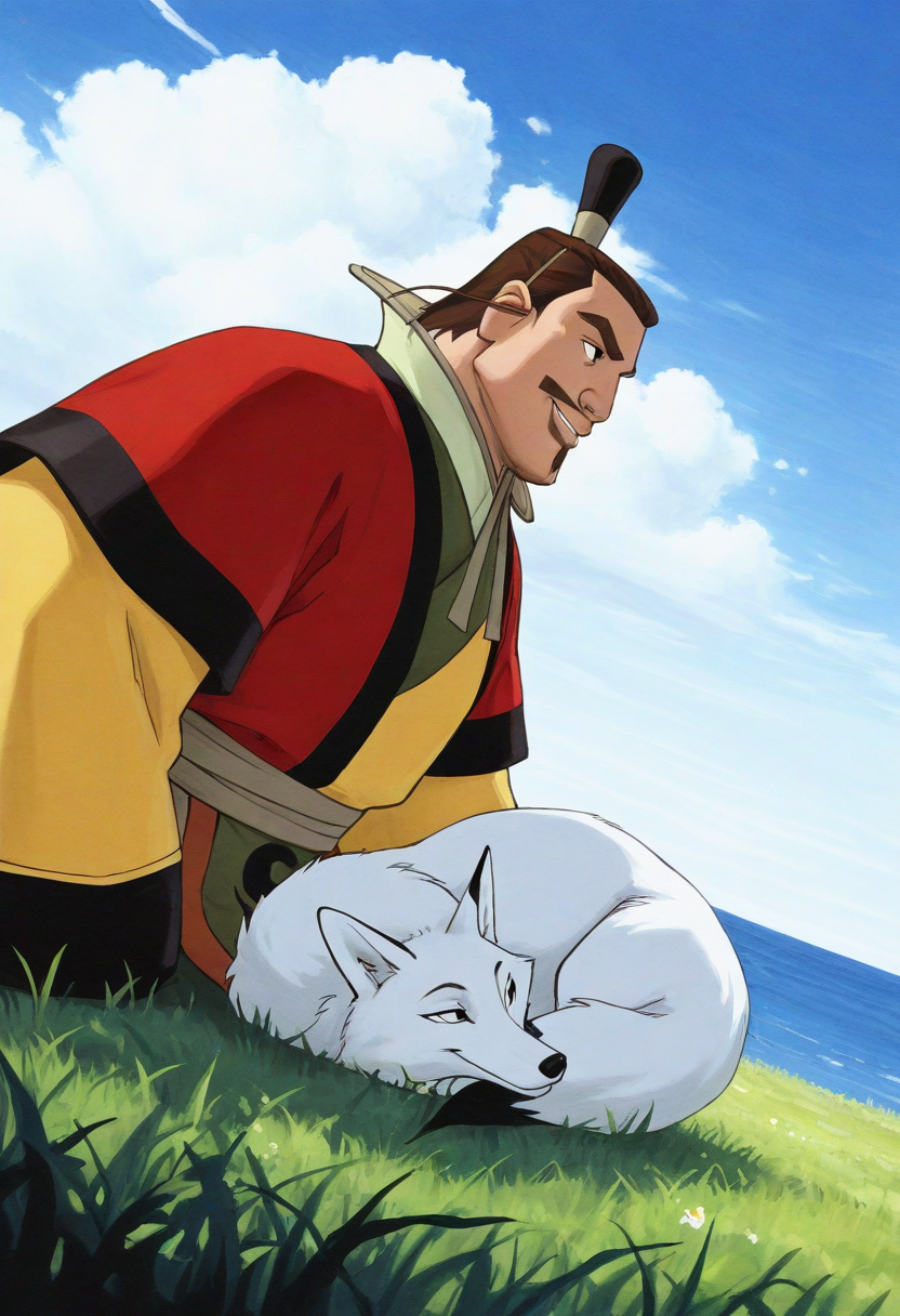 1boy, 1other, upper body, sitting, from side, smile, gentle smile, on grass, white fox, lying, on side, dutch angle, casual, scenery,
BREAK
shang dynasty, chinese emperor, chinese clothes, layered clothes, yellow robe, red overcoat, front cloth, high collar, long sleeves, wide sleeves, brown belt, brown footwear,
BREAK
<lora:King_Zhou_from_The_Legend_Of_Nezha_v1.0_1627951:1> plump, thick arms,
zhouwang, mature male, thick eyebrows, brown hair, hair slicked back, black eyes, mustache, soul patch, hair ornament, chin strap, topknot, retro artstyle,  
BREAK
blue sky, cloudy sky, gentle breeze, willows, calm atmosphere, peaceful scenery, horizon,
BREAK
traditional media, thick brush stroke, ink wash painting, <lora:ink-style_A3.1_XL_389719:1> (ink-style, ink_wash_painting), oil painting \(medium\), thick lineart, retro artstyle,
BREAK
bara, best quality, masterpiece, very aesthetic, absurdres, highest detailed, very awa, detailed background,