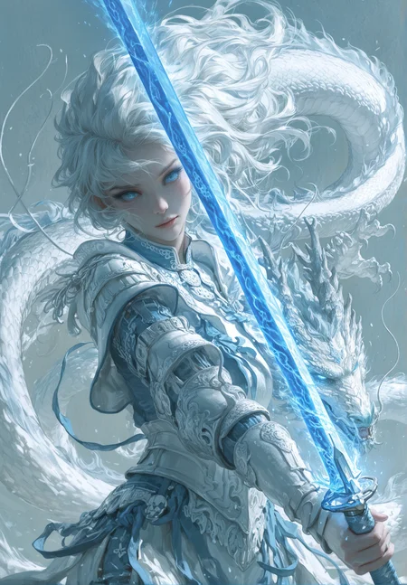 best quality,masterpiece,absurdres,newest,
<lora:ATNR_V1.1_Lokr_f4_warmup_stable_decay:0.8>,
(atnr),realistic,
1gril,solo,cowboy shot,
This is a digital painting in a fantasy anime style. The typical color palette features cool tones, primarily blues and whites, creating an icy or aquatic theme, with the character's pale skin and white hair complementing the dragon; textures are painterly, with visible brushstrokes contributing to the dynamic feel of the hair, dragon scales, and flowing elements, while still maintaining clear forms. The lighting appears to be soft lighting, potentially diffused, creating smooth highlights and subtle shadows that define the forms without harsh contrast, giving an ethereal glow. A female character with long, flowing white hair and striking blue eyes gazes forward with a determined or surprised expression. She wears a white and blue outfit with ornate details, possibly suggesting armor or ceremonial wear. She holds a complex, silvery-blue sword with intricate designs in a ready stance. Behind her and to her left looms the head of a large, majestic white dragon with piercing blue eyes, its form rendered with painterly detail suggesting scales and power. Blue ribbons or magical energy streams flow around the character, adding dynamism to the scene. The background is indistinct, likely a muted blue or grey, focusing attention on the girl and the dragon. The overall atmosphere is one of fantasy, power, partnership (between girl and dragon), and perhaps an impending challenge.