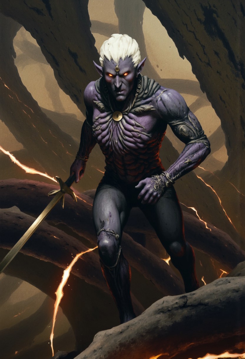 b3rs3rk macro lens d4concept pov, 3D01S, simple background d4artstyle atmospheric and powerful MikeFranchinastyle dark fantasy, natural organic and first person pov of a berserk style creature in the Tsutomu Nihei style 
Dark elf warrior, ebony skin with a slight metallic sheen, contrasting shock-white hair ranging from short and tousled to long and flowing. Sharp, angular facial features with high cheekbones and pointed ears. Piercing eyes that glow with inner light, colors varying from amber to pale lavender. Athletic, lithe body clad in intricate, form-fitting armor made of overlapping weaved plates and scales in deep dark purples, blacks, and gunmetal grays. Armor design includes ornamental  bladed edges, suggesting both protection and offensive capabilities. Wielding an assortment of weapons including curved swords, throwing stars, and magical whips made of crackling energy. Poses range from dramatic action stances to regal portraits, conveying both lethal grace and commanding presence. Background alternates between shadowy caverns, fiery underworld landscapes, and medieval fantasy cityscapes bathed in golden light. Art style spans from highly detailed digital paintings to stylized fantasy illustrations, with emphasis on dramatic lighting and shadow play to accentuate the character's mysterious and dangerous aura
UHD letterboxed game trailer frame chromatic aberration dark atmosphere sharp masterpiece with a focus on the character, elden ring style, dark atmosphere