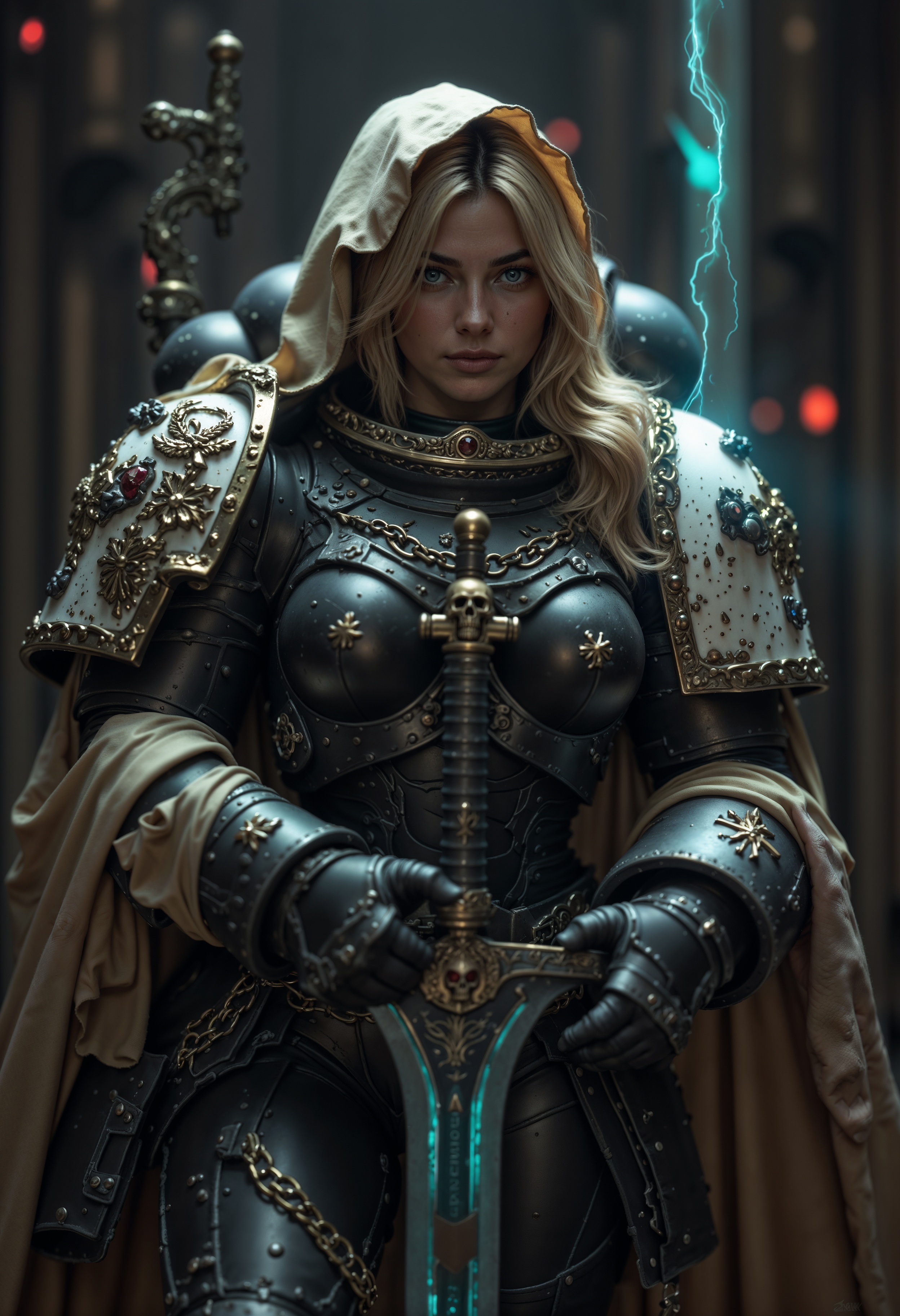 BlackT40k, female space marine wearing a chined power armor with a hood, her long hair is blonde, she's holding a glowing sword, <lora:FluxBlackT40k:1> <lora:aidmaHyperrealism:0.5> aidmaHyperrealism