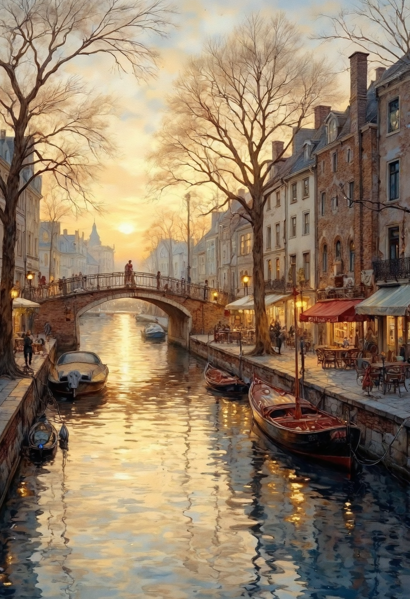 romantic evening scene of an idyllic european riverfront