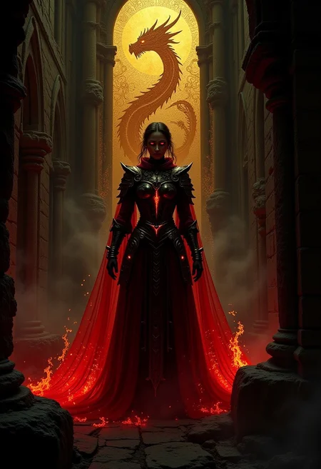 Cinematic style,
(in gainax style:1.4), (masterpiece, sharp focus:1.2), BREAK (A female spectral dragon paladin emerging from the ruins of an ancient cathedral, their armor glowing with ghostly red flames, depicted in a style with low-key lighting, ethereal glow, decayed stone textures:1.1), BREAK (A vivid gold-painted icon of a dragon saint on an intact section of a wall, illuminated by the faint flickering of spectral lights, set against the backdrop of a crumbling cathedral:1.4), (art by Gainax:1.4), (elaborately detailed attire with extraordinary elements and headdress:1.1), (hyperdetailed:1.1), (intricate details:1.0), (Refined details:1.1), (best quality:1.1), (high resolution:1.2), (very stylish detailed medieval haircut, mesmerizing detailed radiant face, mesmerizing detailed beautiful eyes:1.2)