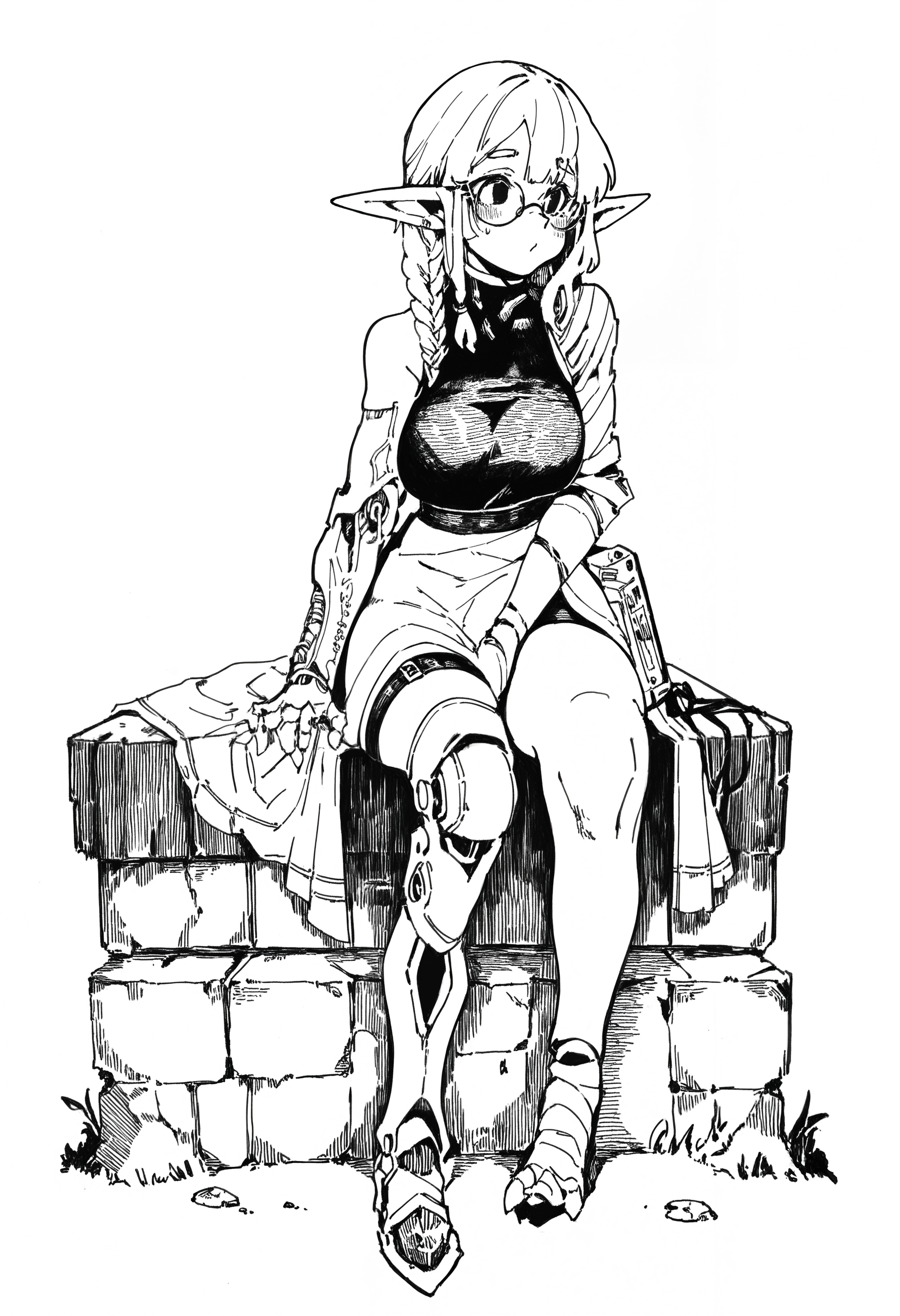 hatching \(texture\), white background, monochrome,   1girl, solo, elf ears, prosthetic arm, prosthetic leg, side braids, glasses, round face, sitting,   masterpiece, best quality, amazing quality, absurdres, newest,   <lora:mikamuse>