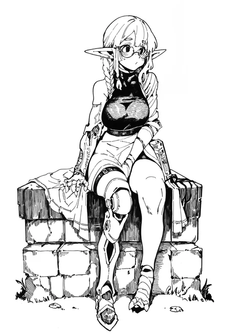 hatching \(texture\), white background, monochrome, 1girl, solo, elf ears, prosthetic arm, prosthetic leg, side braids, glasses, round face, sitting, masterpiece, best quality, amazing quality, absurdres, newest, <lora:mikamuse>