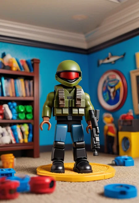 novuschroma53 style a handmade, cartoon, statue of a G.I. Joe, in combat with toys, in a boys room, full body, isometric, top down, game asset, handmade, game icon, cartoon