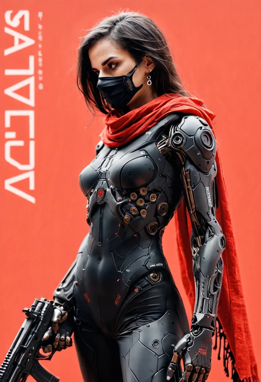 Solo, weapon, gun, long hair, red background, black hair, breasts, holding, science fiction, red scarf, bodysuit, medium breasts, rifle, cyborg, scarf, mechanical arms, standing, mask, makeup, , cowboy shot, profile, black eyes, mouth mask, from side, gradient background, cyberpunk, simple background, armor, joints, looking down, skin tight, brown eyes, robot joints, mechanical parts, handgun, covered navel, artist name, android, red theme, earrings, red eyes, jewelry, eyeshadow, sniper rifle, single mechanical arm, assault rifle, copyright name, looking to the side, hood., zPDXL3, PnyCmicXLPOS, detailxl, (lineless, vector art:1.5),