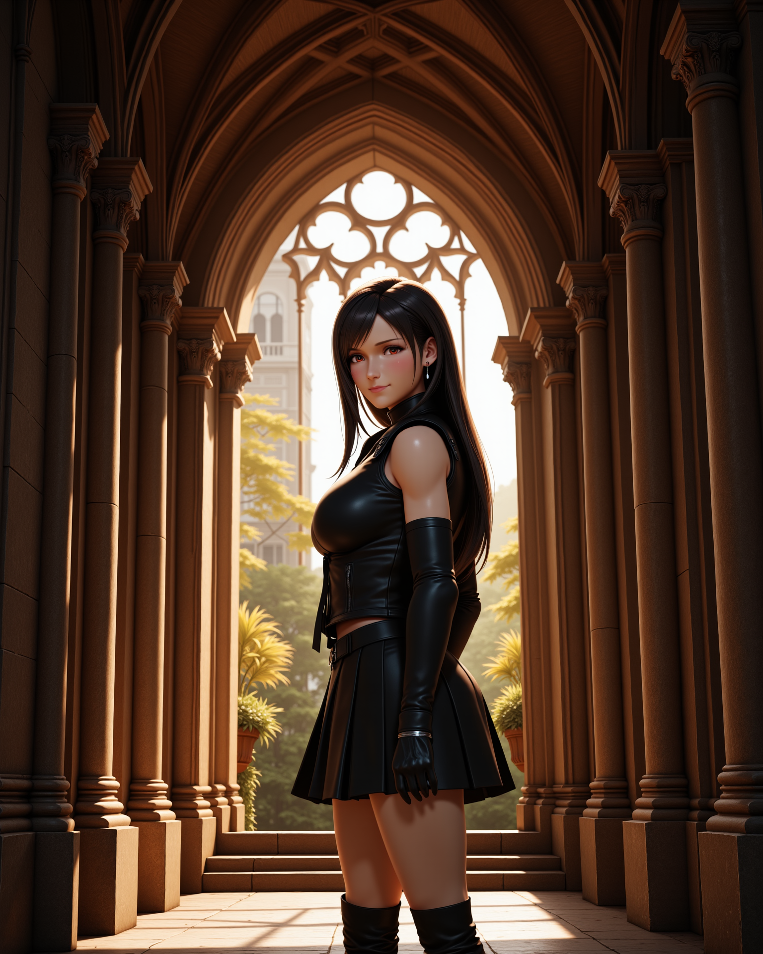 -looking at viewer, outdoors daylight
photorealistic photo of <lora:Final_Fantasy_-_Tifa_v2_000015:1> ff-tifa she has black hair and red eyes, a 20 year old adult mature woman
Highest quality, best quality, masterpiece. cinematic atmosphere. The lighting is soft yet dramatic. The film grain adds a tactile, grainy texture, enhancing the dreamlike quality of the scene.
 Black sleeveless zip-up vest, black skirt with shorts underneath, black gloves, black boots, and a black ribbon tied around her left arm. A woman walks through a misty meadow, the soft ground beneath her feet covered in dew, while the faint chirping of crickets fills the air.