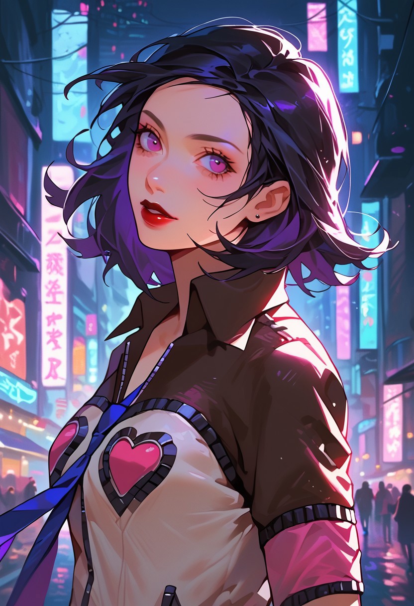 score_9, score_8_up, score_7_up, y0tt4, 1girl, solo,  
mayap2, medium hair, black hair, purple eyes, lipstick, jacket, hearts, blue necktie, (cowboy shot:1.3), neon lights, outdoors, front view,