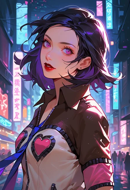 score_9, score_8_up, score_7_up, y0tt4, 1girl, solo,
mayap2, medium hair, black hair, purple eyes, lipstick, jacket, hearts, blue necktie, (cowboy shot:1.3), neon lights, outdoors, front view,