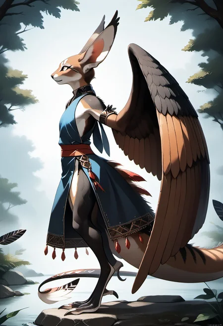 1person, Palagiri, long toes, nimble toes, handfeet, anthro, ((wing arms, large wings, no hands)), feline features, feline nose, large ears, thick tail, long tail, tapering tail, feather tipped tail, digitigrade legs,
Side profile,
Source: anime, score: 9, score: 8up,