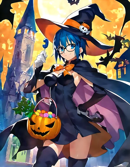 score_9,score_8_up,score_7_up,source_anime,1girl,solo,halloween costume,halloween,trick or treat,witch,pumpkin hat,witch hat,food-themed hair ornament,pumpkin hair ornament,orange choker,cape,silk,orange ribbon,thighhighs,swirl lollipop,black legwear,jack-o'-lantern,basket,holding lantern,halloween bucket,holding vegetable,sweets,candy,candy cane,cookie,silhouette,bat,ghost,black cat,pumpkin,castle,pennant,clock tower,church,cross,graveyard,tombstone,coffin,town,gate,bare tree,spider web,night sky,full moon,moonlight,looking at viewer,smile,:d,light_blush,<lora:pony_xl_ciel_v2:0.9>,ciel,glasses,