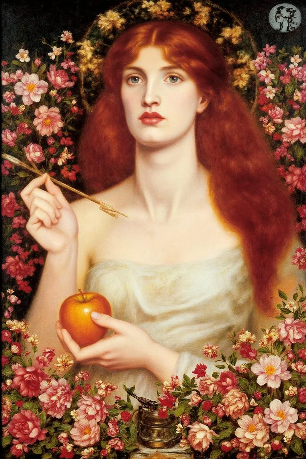 dgr painting.
A woman with long, flowing, fiery red hair cascading over her shoulders. She has a pale, delicate complexion and is dressed in a white, draped garment that appears to be a flowing, ancient-style gown. She hold a apple on her left hand. She hold an arrow with her right hand. She is surrounded by flowers.
 <lora:dgr1_cap_d6a3e8:1.0><lora:819488719661729021:0>