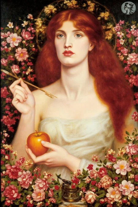 dgr painting.
A woman with long, flowing, fiery red hair cascading over her shoulders. She has a pale, delicate complexion and is dressed in a white, draped garment that appears to be a flowing, ancient-style gown. She hold a apple on her left hand. She hold an arrow with her right hand. She is surrounded by flowers.
 <lora:dgr1_cap_d6a3e8:1.0><lora:819488719661729021:0>