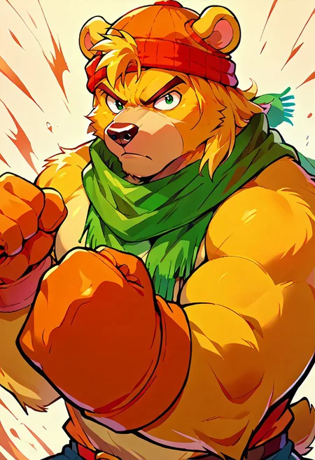 score_9, score_8, score_7, score_6, 1man, solo, furry, anthro, anthro bear, source_cartoon, Bark the bear, green scarf, orange beanie, furry male, simple background, gloves, upper body, fighting stance, portrait, looking at viewer,